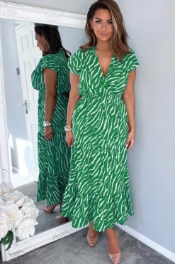 Green And White Animal Print Collared Smock Midi Dress