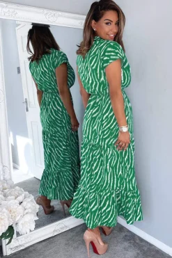 Green And White Animal Print Collared Smock Midi Dress