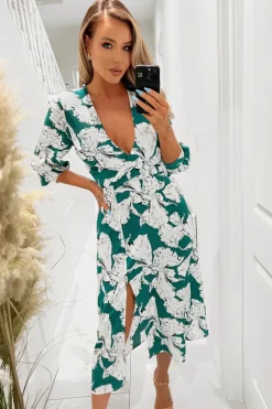 Green And White Floral Print Wrap Top Midi Dress