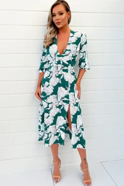 Green And White Floral Print Wrap Top Midi Dress