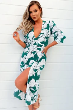 Green And White Floral Print Wrap Top Midi Dress