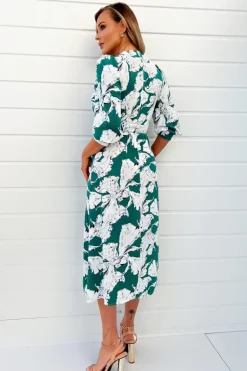 Green And White Floral Print Wrap Top Midi Dress
