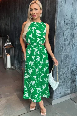 Green And White Floral Printed Cut Out Midi Dress
