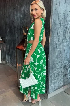 Green And White Floral Printed Cut Out Midi Dress