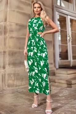 Green And White Floral Printed Cut Out Midi Dress