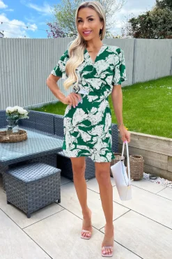 Green And White Floral Printed Short Sleeve Day Dress
