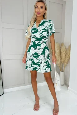 Green And White Floral Printed Short Sleeve Day Dress