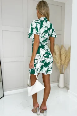 Green And White Floral Printed Short Sleeve Day Dress