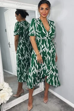 Green And White Printed Wrap Side Tie Midi Dress