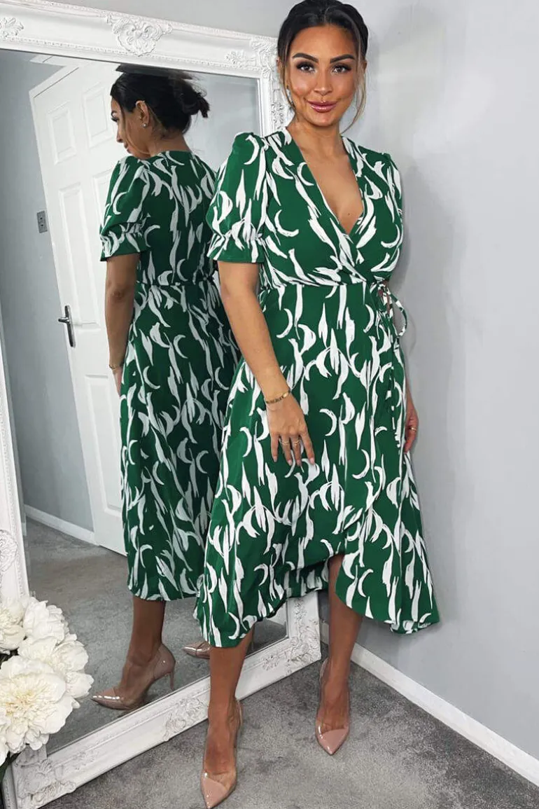 Green And White Printed Wrap Side Tie Midi Dress