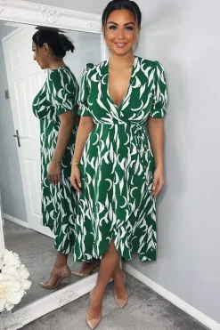 Green And White Printed Wrap Side Tie Midi Dress