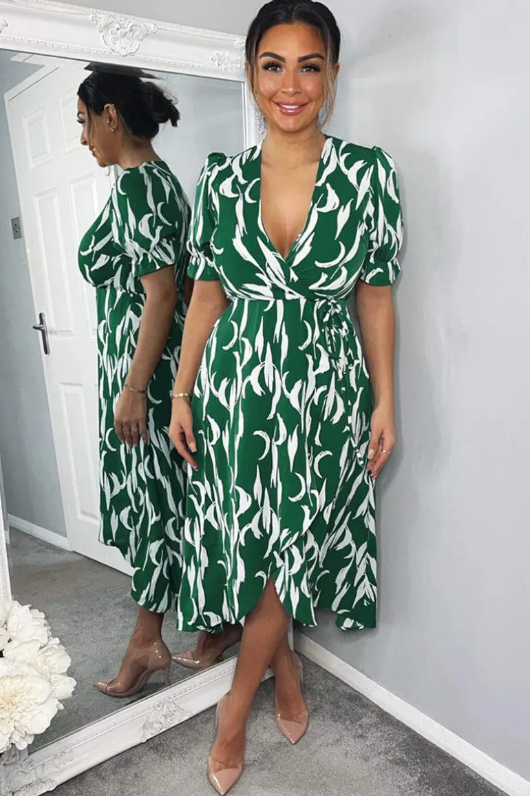 Green And White Printed Wrap Side Tie Midi Dress