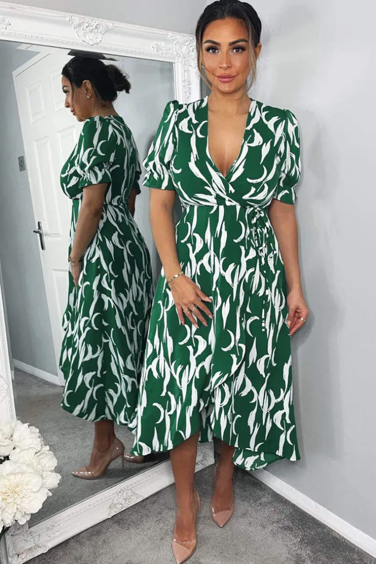 Green And White Printed Wrap Side Tie Midi Dress