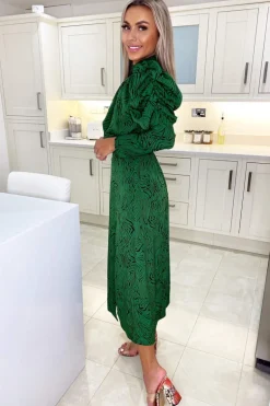 Green Animal Print Gathered Sleeve Split Midi Dress