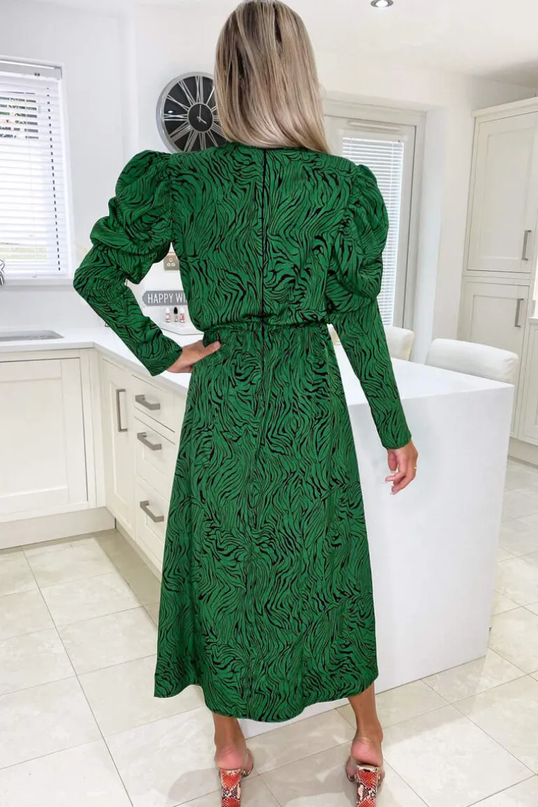 Green Animal Print Gathered Sleeve Split Midi Dress