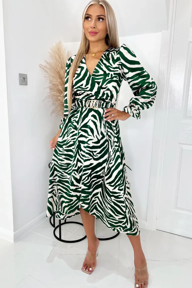 Green Animal Printed Belted Midi Dress