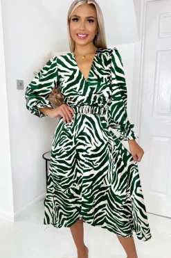 Green Animal Printed Belted Midi Dress