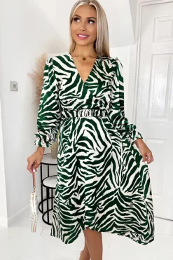 Green Animal Printed Belted Midi Dress