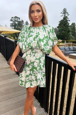 Green Floral Printed Batwing Mini Dress