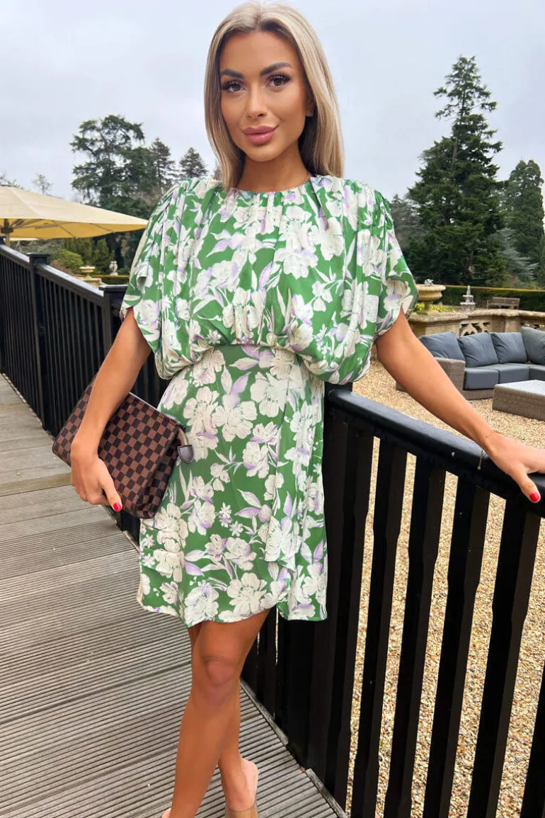 Green Floral Printed Batwing Mini Dress