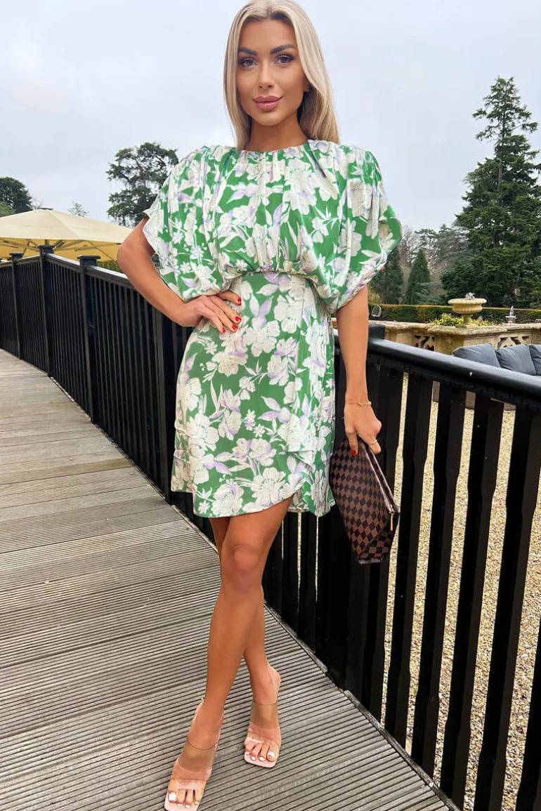 Green Floral Printed Batwing Mini Dress