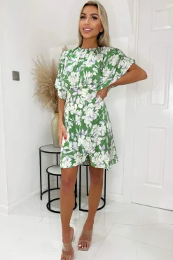Green Floral Printed Batwing Mini Dress