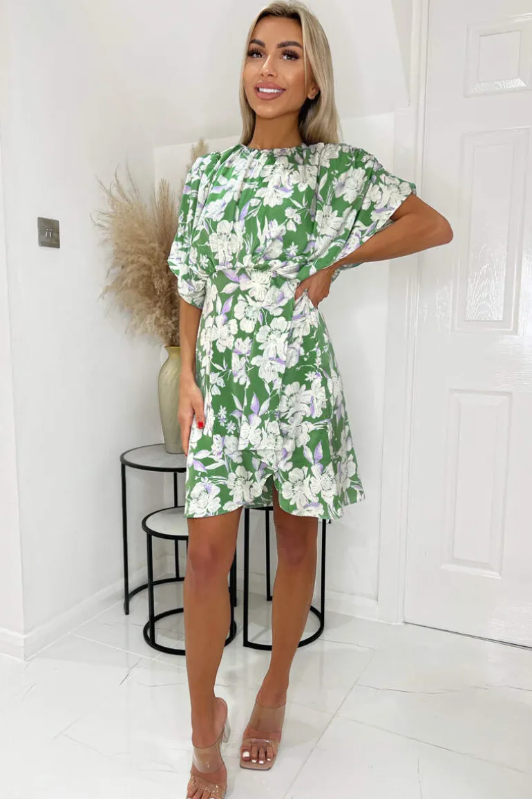 Green Floral Printed Batwing Mini Dress