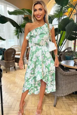Green Floral Printed One Shoulder Frill Detail Dipped Hem Dress