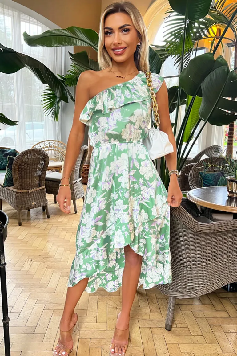 Green Floral Printed One Shoulder Frill Detail Dipped Hem Dress