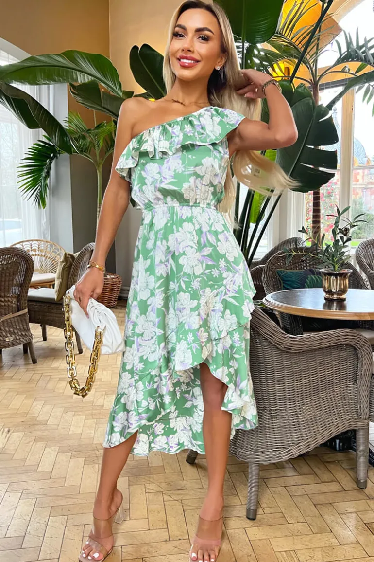 Green Floral Printed One Shoulder Frill Detail Dipped Hem Dress