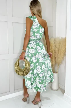Green Floral Printed One Shoulder Frill Detail Dipped Hem Dress