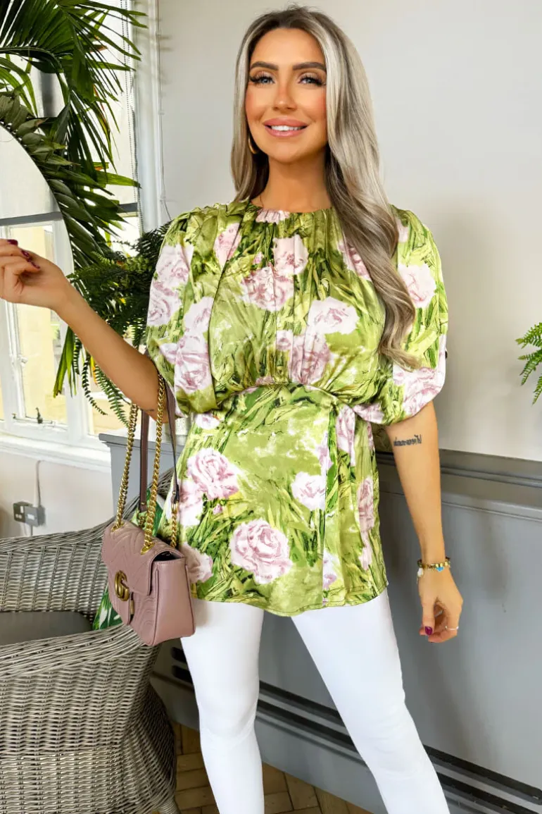 Green Floral Satin Ruched Shoulder Batwing Top