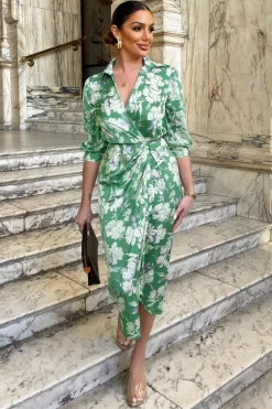 Green Floral Wrap Shirt Midi Dress