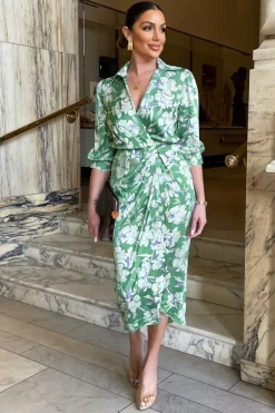 Green Floral Wrap Shirt Midi Dress