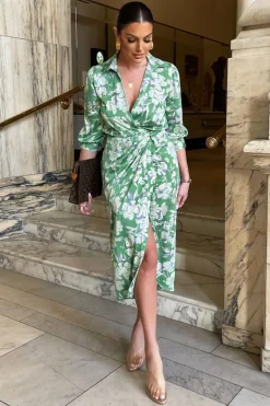 Green Floral Wrap Shirt Midi Dress