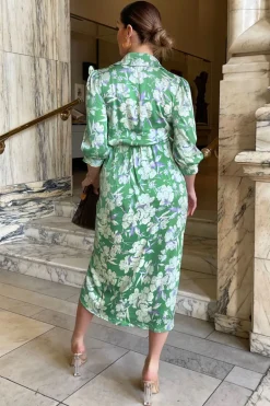 Green Floral Wrap Shirt Midi Dress