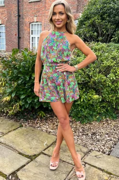 Green Garden Print High Neck Playsuit