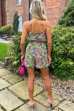 Green Garden Print High Neck Playsuit