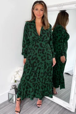Green Leopard Print Long Sleeve Smock Midi Dress