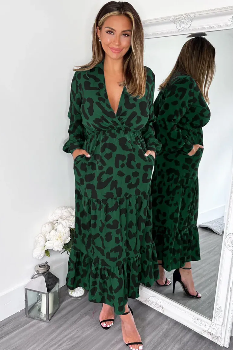 Green Leopard Print Long Sleeve Smock Midi Dress