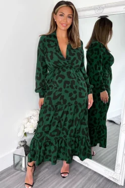 Green Leopard Print Long Sleeve Smock Midi Dress