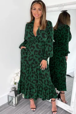Green Leopard Print Long Sleeve Smock Midi Dress