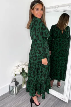 Green Leopard Print Long Sleeve Smock Midi Dress