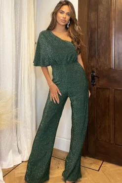 Green Metallic One Shoulder Wide Leg Jumpsuit