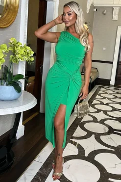 Green One Shoulder Knot Skirt Midi Dress