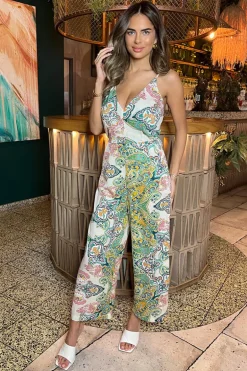 Green Paisley Multi Print V Neck Jumpsuit
