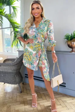 Green Paisley Multi Printed 3/4 Sleeve Wrap Tie Mini Dress
