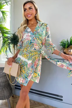 Green Paisley Multi Printed 3/4 Sleeve Wrap Tie Mini Dress