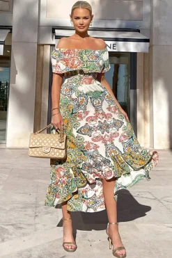 Green Paisley Multi Printed Bardot Style Midi Dress