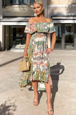Green Paisley Multi Printed Bardot Style Midi Dress